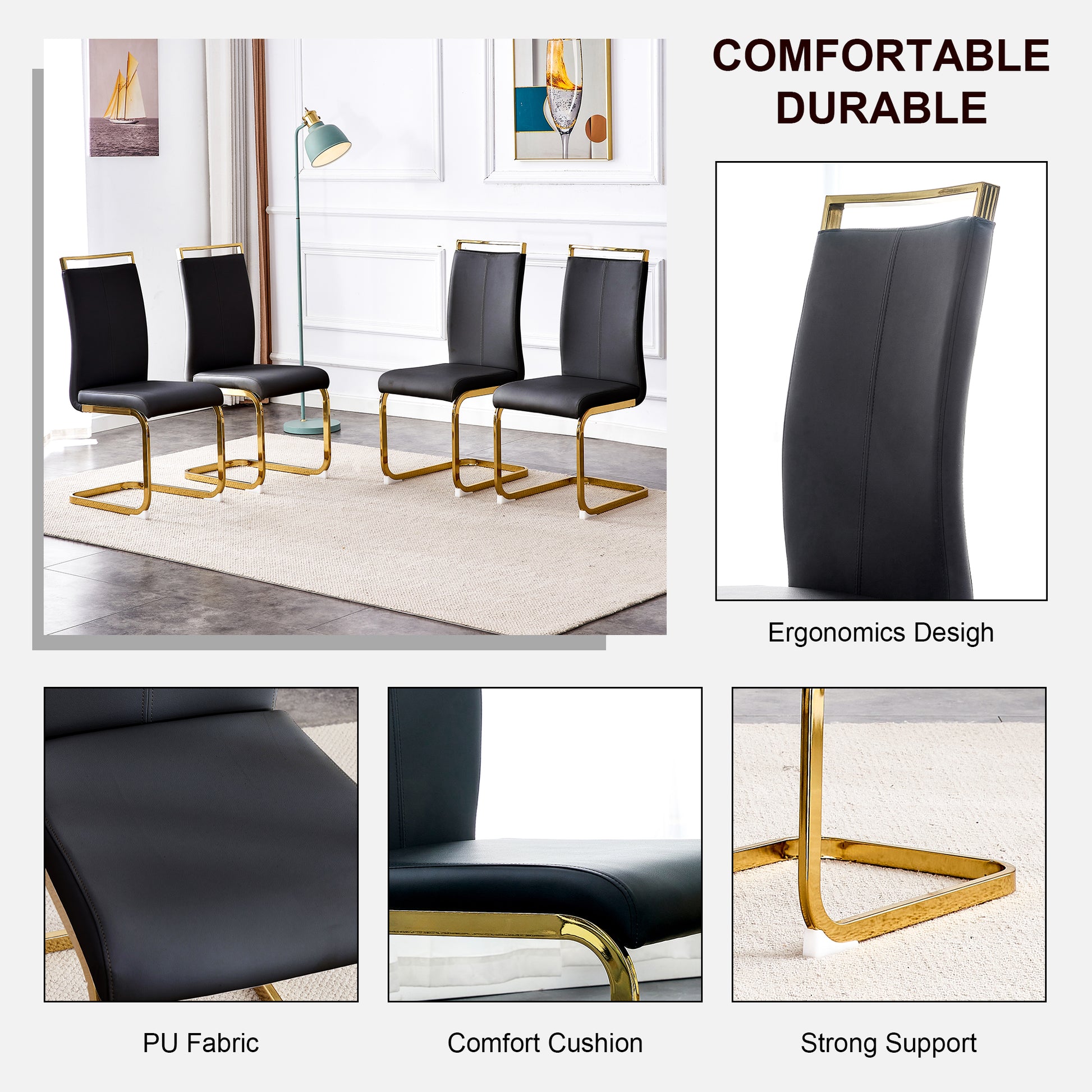 Table And Chair Set.Large Modern Rectangular Table With 0.4 Inch Patterned Glass Tabletop And Large Mdf Table Legs.Comes With 6 Chairs With Faux Leather Cushioned Seats And Golden Metal Legs. Gold White Seats 6 Mdf Glass