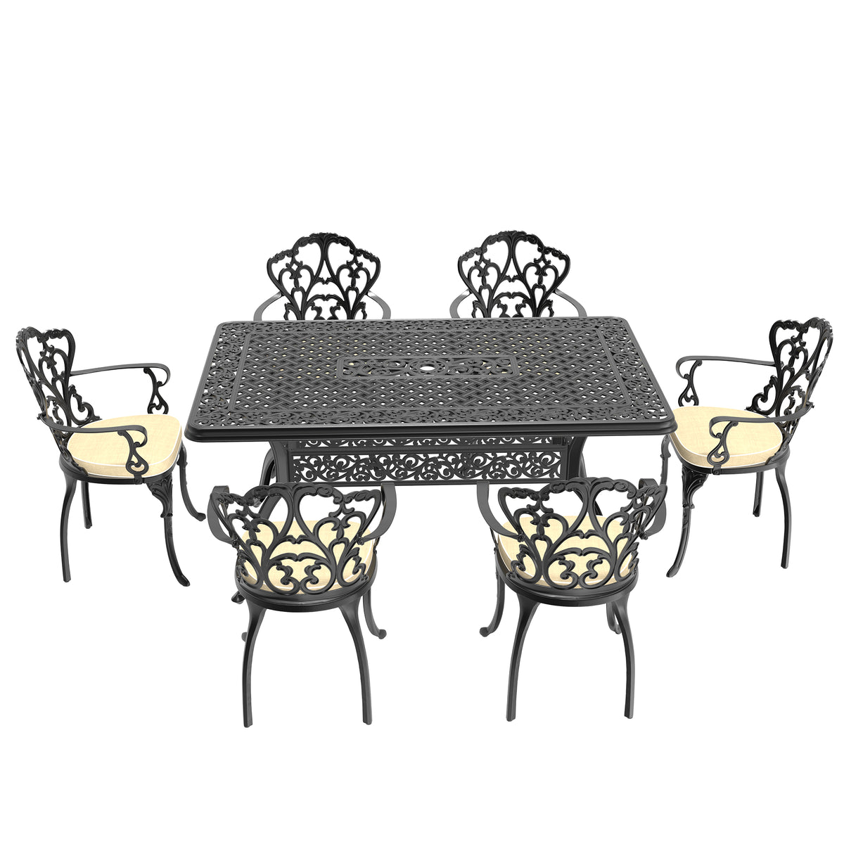 Cushions In Random Colors 7 Piece Set Of Cast Aluminum Patio Furniture With Cushions Yes Dining Set Black Seats 6 Rust Resistant Frame Water Resistant Cushion Garden & Outdoor Complete Patio Sets Aluminium