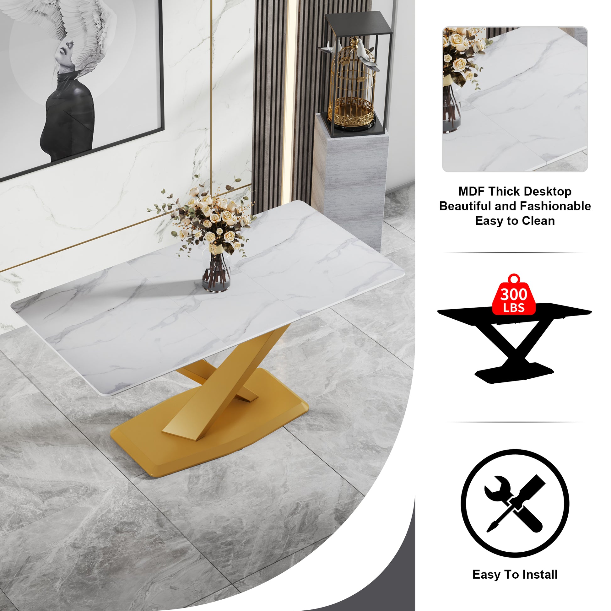 Table And Chair Set, The Table Is Equipped With A Marble Patterned Mdf Tabletop And Gold Table Legs.The Chair Is Equipped With Pu Synthetic Leather High Back Cushion And Gold Coated Metal Legs. Gold White Seats 4 Mdf Metal