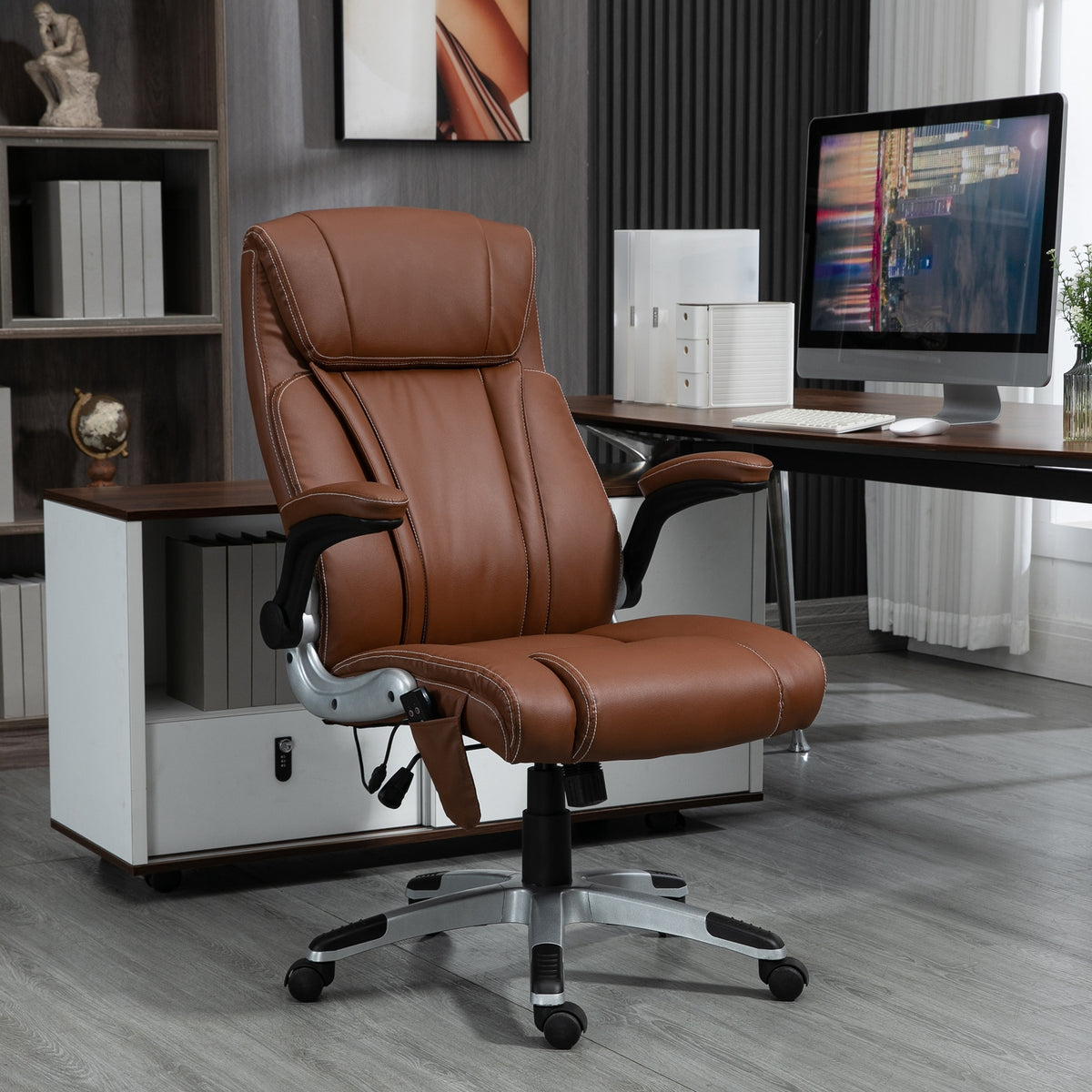 Vinsetto Executive Massage Office Chair With 6 Vibration Points, Heated Faux Leather Computer Desk Chair With Flip Up Armrest, Adjustable Height, Swivel Wheel, Brown Brown Leather