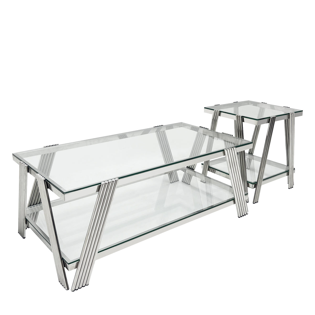 Modern Stainless Steel Coffee Table Set Set Of 2 , Double Layer Clear Tempered Glass Table Top, Coffee Table & End Side Table 2 Pieces Sets For Living Room Home Office, Silver Clear,Silver Modern