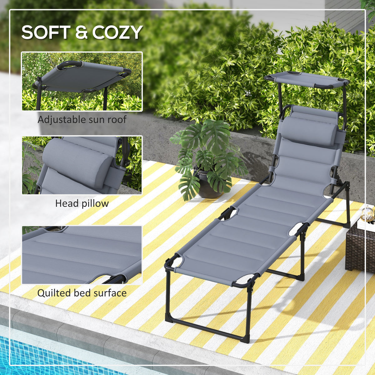 Outsunny Outdoor Lounge Chair, Adjustable Backrest Folding Chaise Lounge, Cushioned Tanning Chair W Sunshade Roof & Pillow Headrest For Beach, Camping, Hiking, Gray Grey Steel