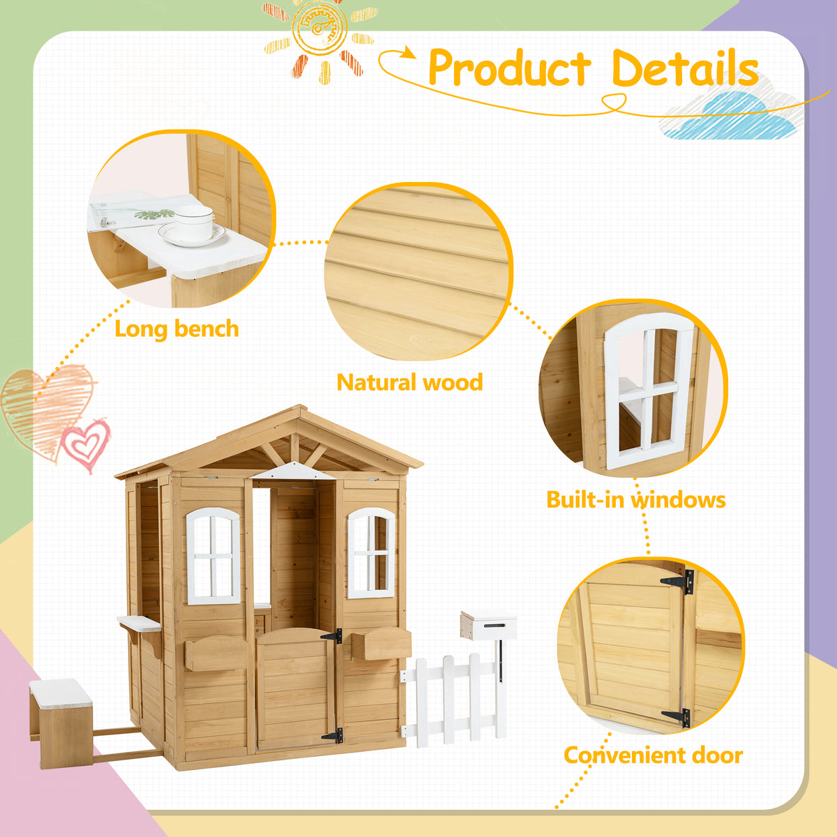 Wooden Playhouse For Kids Outdoor With Working Door, Windows, Mailbox, Bench, Flowers Pot Holder, 39" X 38" X 55.5" Natural Solid Wood