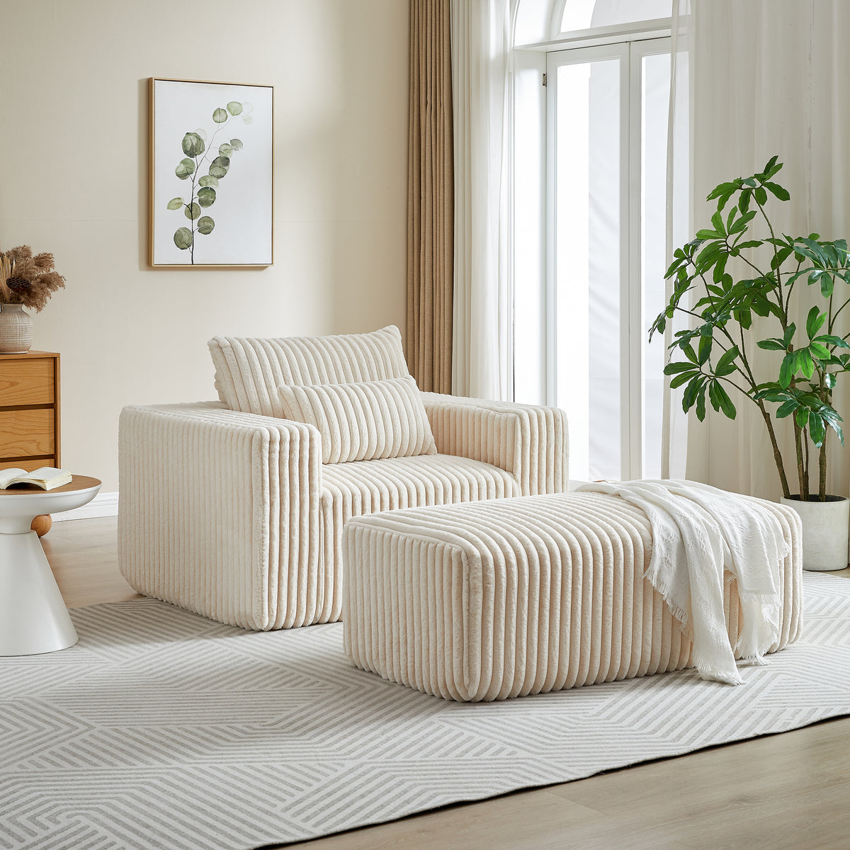 62.5 Inch Corduroy Sponge Sofa Lounge Chair With Removable Footrest,No Assembly Required,Fluffy Modern Sleeper Chair For Indoor Living Room Bedroom Beige Foam Corduroy 1 Seat