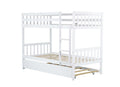 Twin Over Twin Rubber Wood Bunk Bed With Trundle, Convertible Into 2 Twin Size Beds, Twin Size Bunk Bed With Ladder And Safety Guardrails, White Twin White Rubber Wood