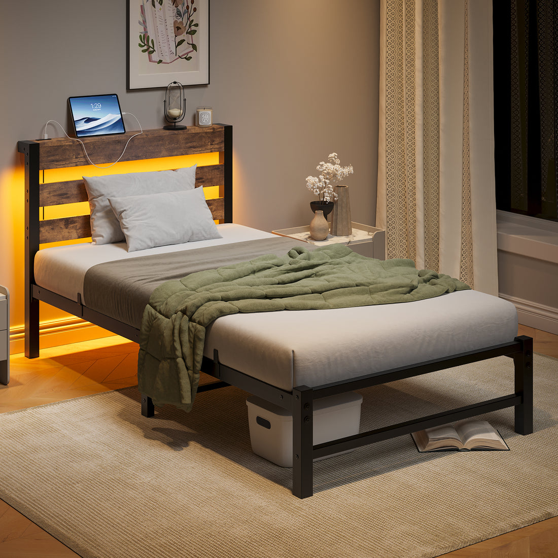 Twin Size Bed Frame Heavy Duty Platform Bed Frame With Headboard, Usb Charging Station, Led Bed, No Box Spring Needed, Mattress Foundation, Strong Steel Slats, Noise Free, Brown Box Spring Not Required Twin Beige Brown Metal Brown Bedroom