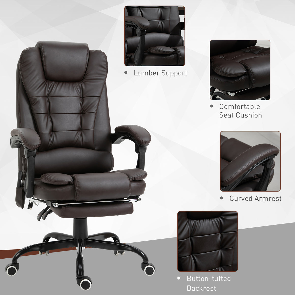 Vinsetto 7 Point Vibrating Massage Office Chair, High Back Executive Recliner With Lumbar Support, Footrest, Reclining Back, Adjustable Height, Brown Brown Faux Leather