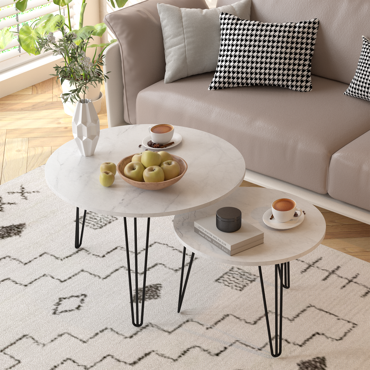 27.56'' Round Nesting Coffee Table Set Of 2, Circular Nesting End Table Set, Round Marble Tabletop, And Sturdy Metal Base For Living Room, Bedroom, White White Round Wood Metal