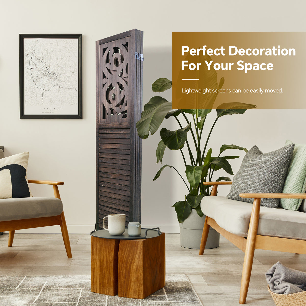 4 Panel Room Dividers, 6Ft Carved Wood Room Divider Partition Room Dividers Wall Wooden Carved Folding Privacy Screens Foldable Panel Wall Divider For Office Restaurant, Rustic Brown Rustic Brown Classic Wood