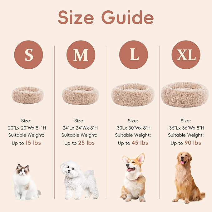 24'' Dog Bed Round Donut Washable Dog And Cat Bed In Shag Fur, Calming Dog Beds, Brown Brown Faux Fur
