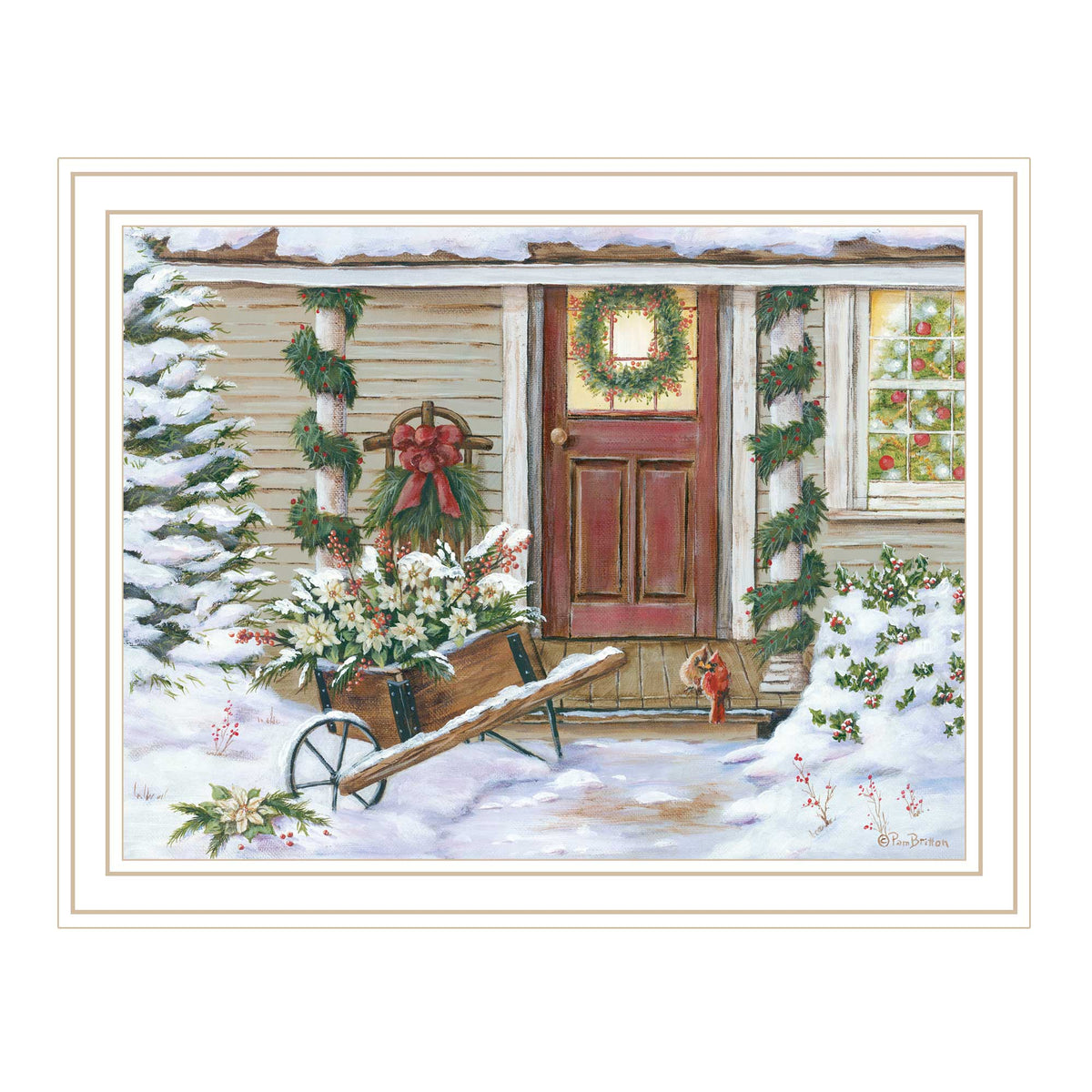Holiday Porch White Framed Wall Art For Living Room, Farmhouse Wall Art Print For Home Decor, Bedroom Wall Art By Pam Britton Multicolor Wood Paper