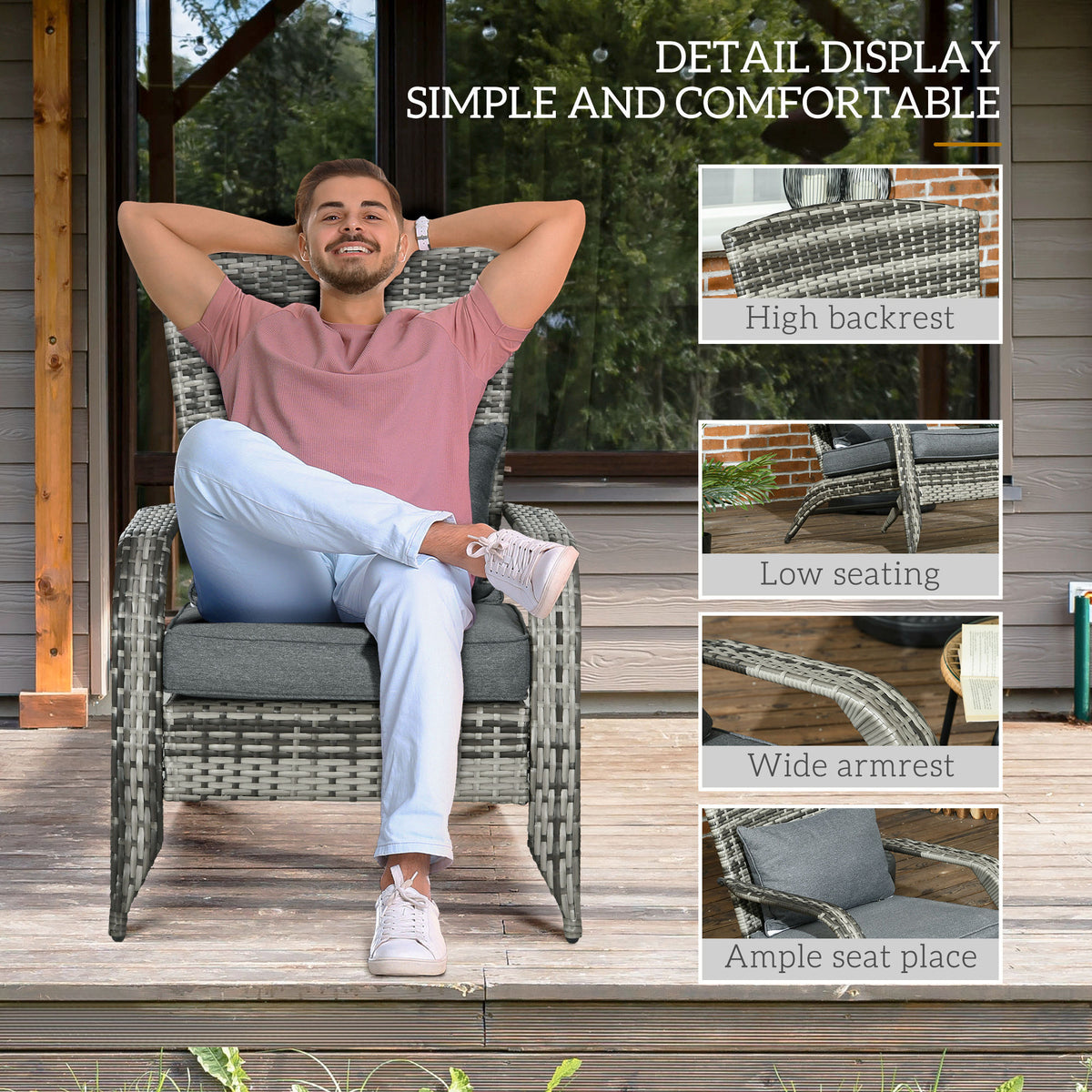 Outsunny Patio Wicker Adirondack Chair, Outdoor All Weather Rattan Fire Pit Chair W Soft Cushions, Tall Curved Backrest And Comfortable Armrests For Deck Or Garden, Gray Grey Steel