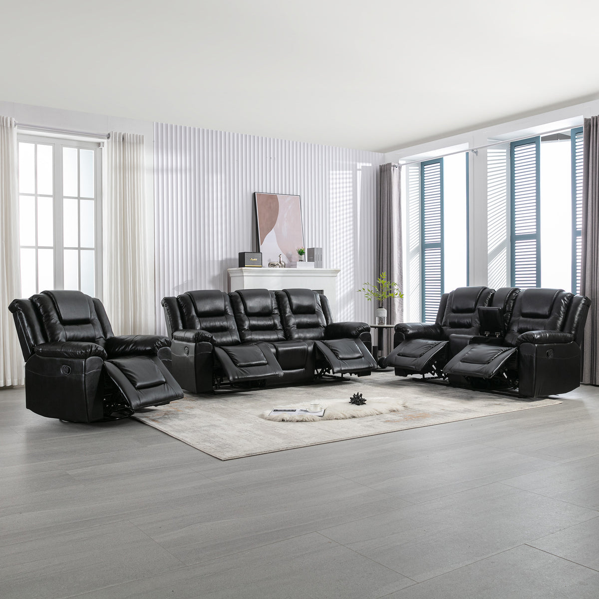 Home Theater Recliner Set Manual Recliner Chair With Wide Armrest, Two Built In Cup Holders For Living Room,Bedroom, Black Old Sku:Sg000760Aab Black Foam Pu Leather