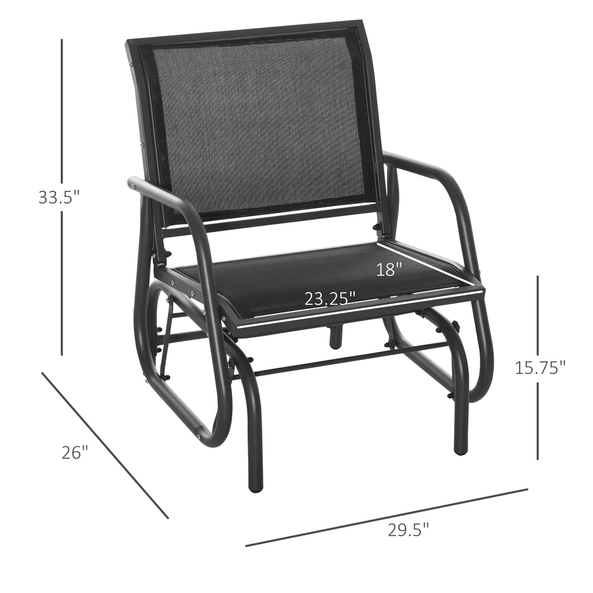 Outsunny Porch Glider, Metal Frame Swing Glider Chair Withmesh Fabric, Curved Armrests And Steel Frame For Garden, Poolside, Backyard, Balcony, Black Black Fabric Metal