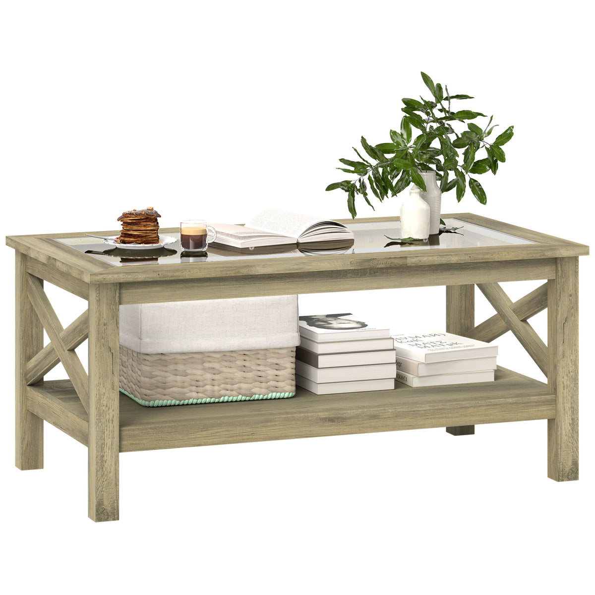 Homcom Glass Coffee Table, Modern Farmhouse Center Table With Storage, Side Table For Living Room With Classic X Bar Style Sides, Gray Gray Mdf