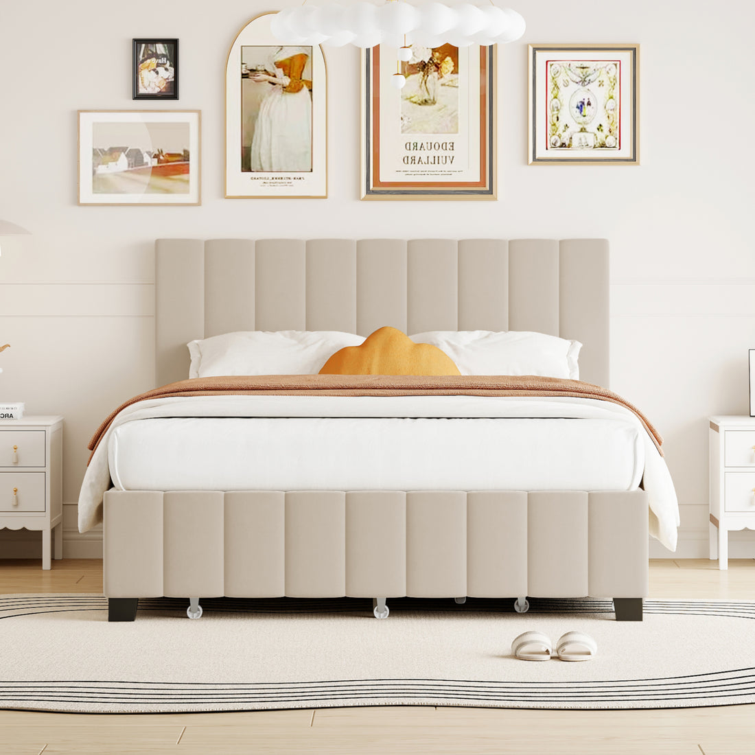 Queen Size Velvet Upholstered Platform Bed With 2 Drawers And 1 Twin Xl Trundle Beige Queen Beige Upholstered