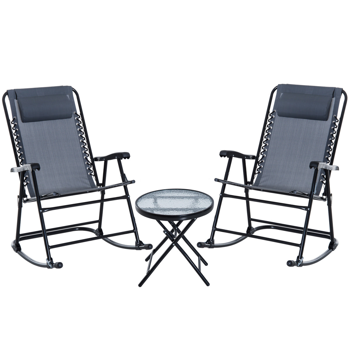 Outsunny 3 Piece Outdoor Rocking Bistro Set, Patio Folding Chair Table Set With Glass Coffee Table For Yard, Patio, Deck, Backyard, Grey Grey Fabric