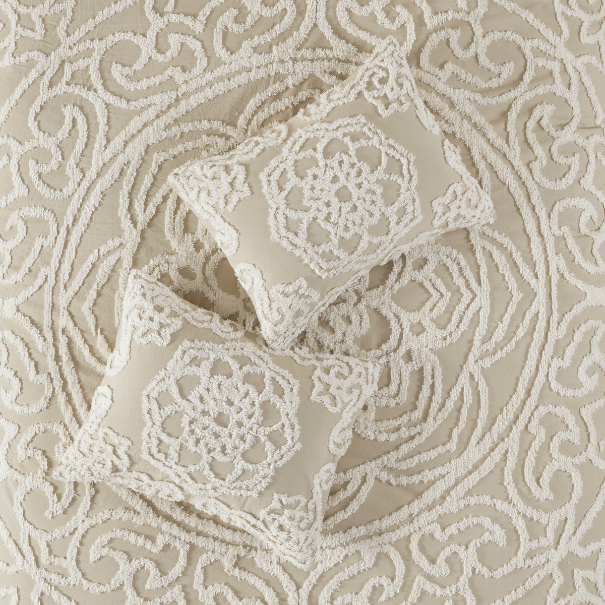 Tufted Cotton Chenille Medallion Fringe Coverlet Mini Set Taupe King Cal King King Taupe Cotton
