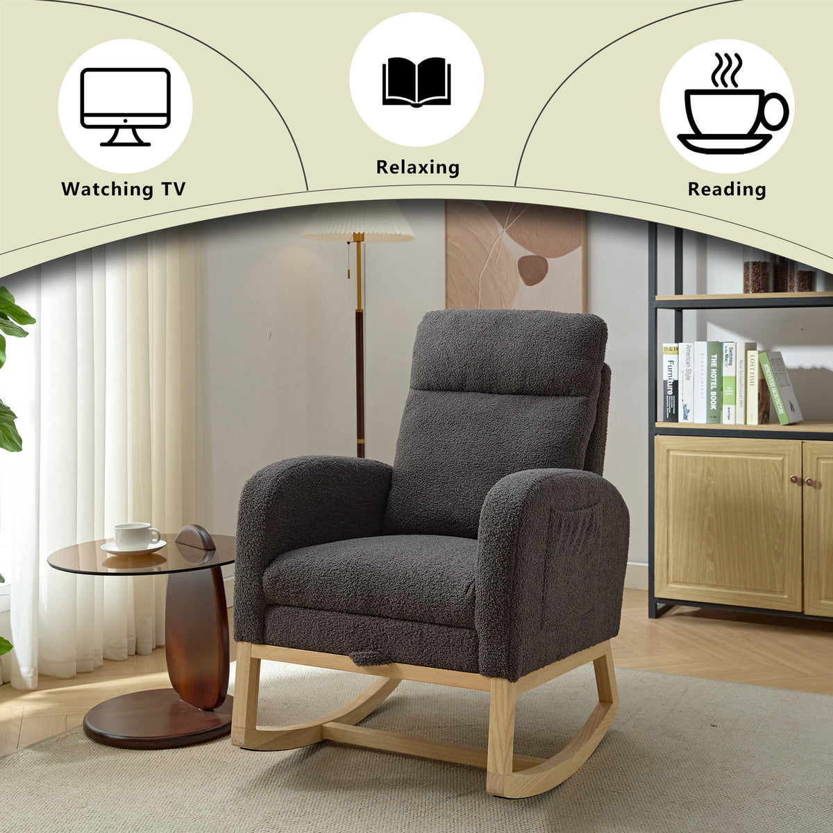 Modern Accent Rocking Chair Rocking Chair With Solid Wood Legs, Upholstered Nursery Glider Rocker, Comfy Armchair With Side Pocket, Living Room Lounge Arm Chair With High Backrest Teddy Gray Polyester Blend