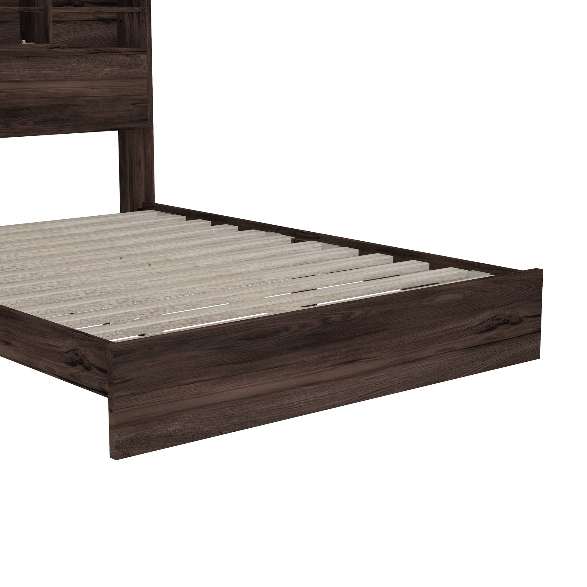 Queen Size Wooden Platform Bed With Storage Headboard,American Country Style Bed With Usb Charging Ports,Dark Walnut Queen Walnut American Traditional Mdf