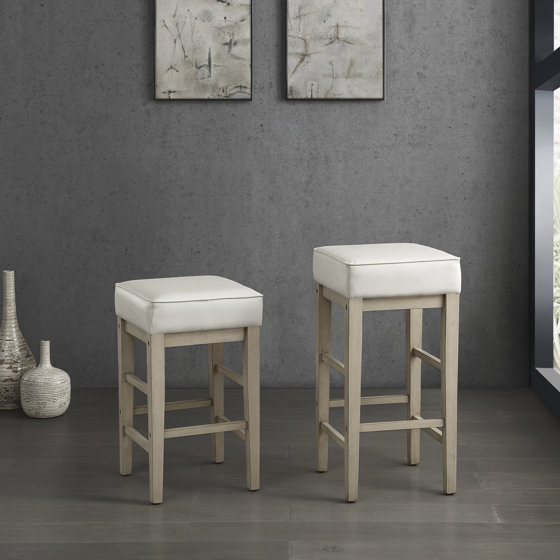 Transitional White Faux Leather Seat 29 Inch Pub Height Stools Set Of 2, White Finish Solid Wood Frame White White Dining Room Transitional Solid Wood