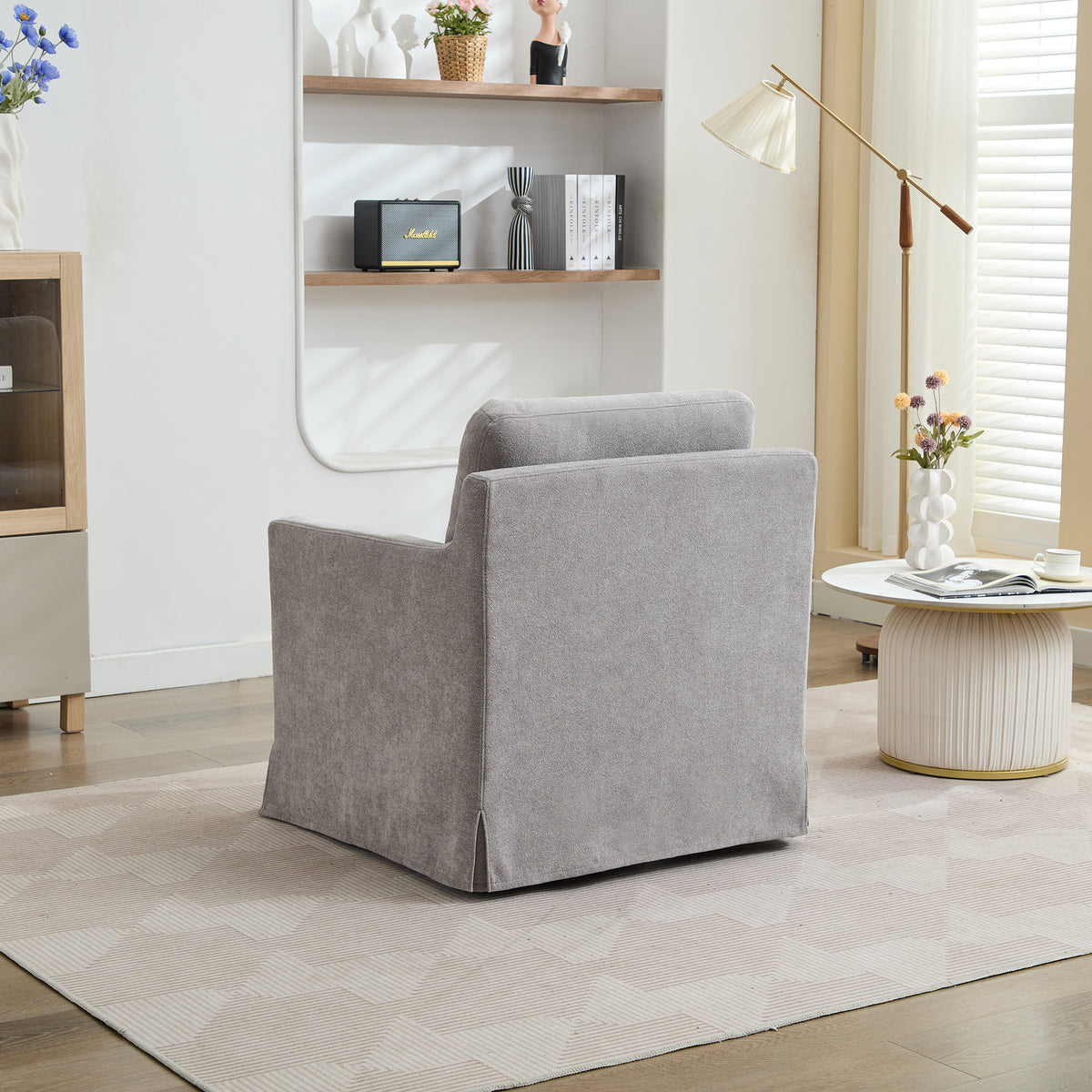 29.92'' Swivel Accent Chair, Upholstered Skirted Swivel Chair With Removable Back Cushion, 360 Degree Comfy Armchair For Living Room, Nursery, Lounge,Office,Gray Chenille Gray Chenille