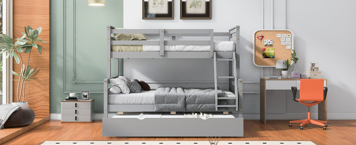 Twin Over Full Bunk Bed With Ladder, Twin Size Trundle, Safety Guardrail, Gray Box Spring Not Required Twin Gray Wood Bedroom Bunk Pine