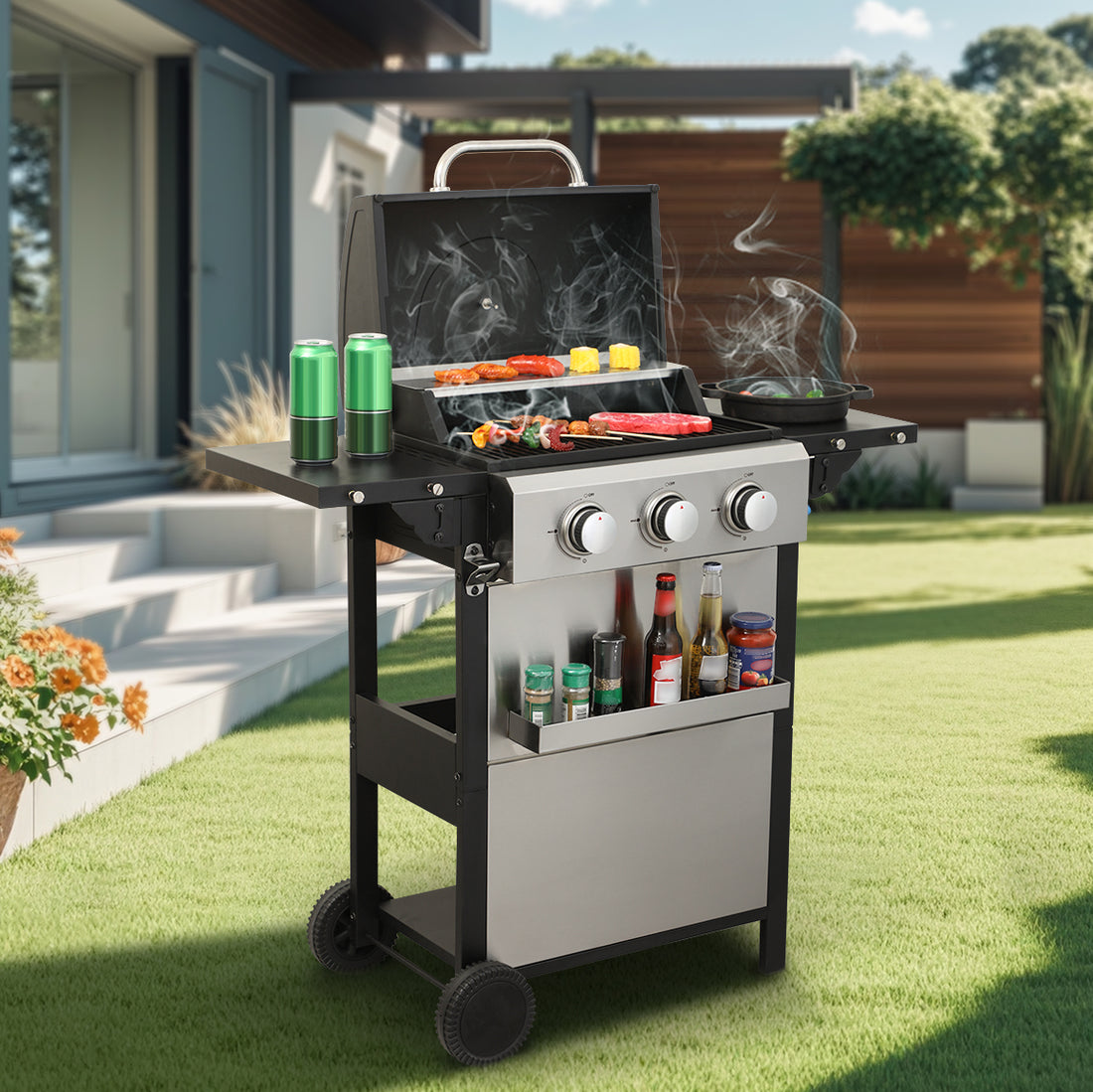 3 Burner Propane Gas Bbq Grill, 25650Btu Output With Wire Enamel Cooking Grids For Outdoor Barbecue, Foldable Side Table, Stainless Steel Black Silver Garden & Outdoor Iron,Stainless Steel