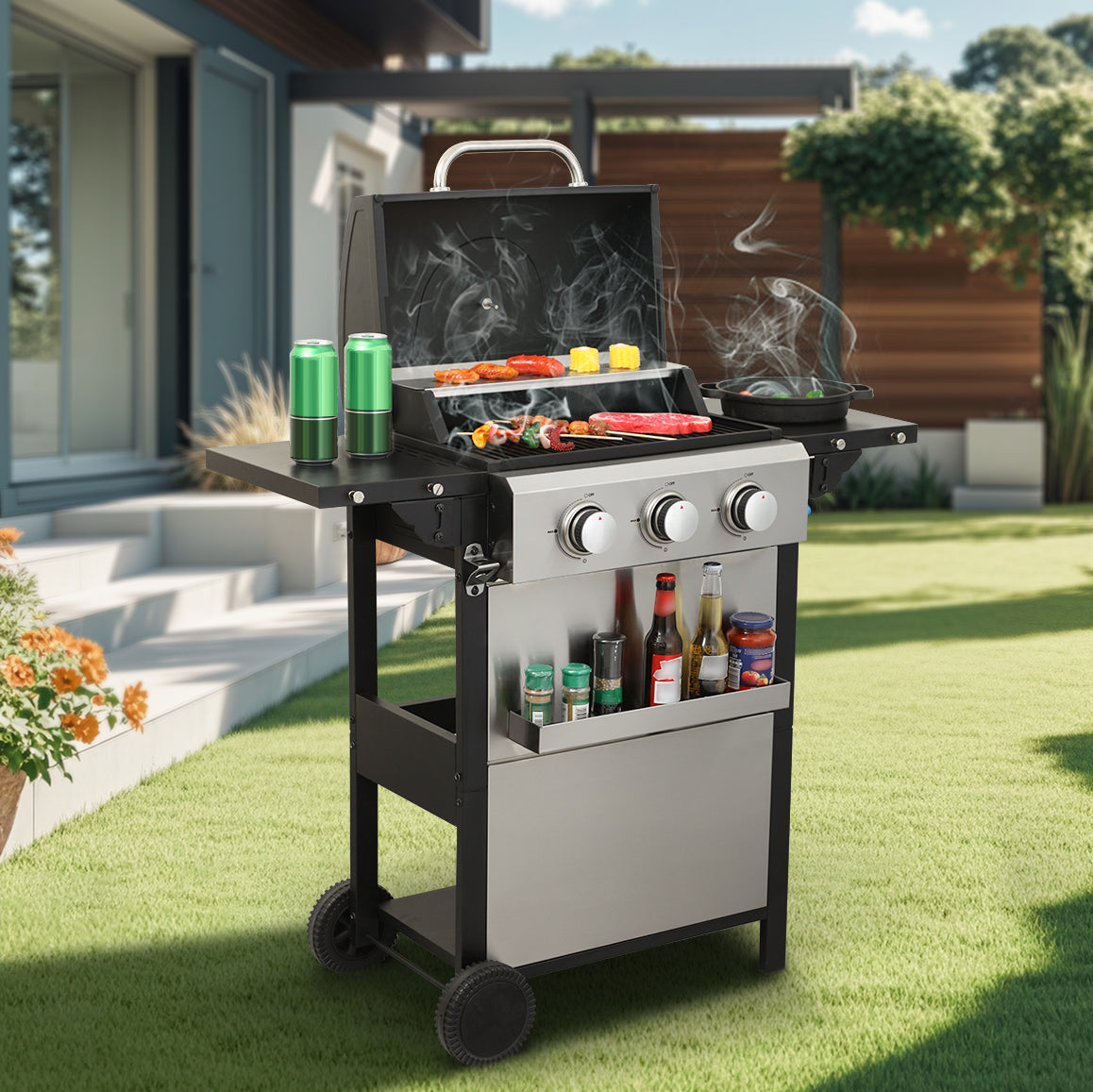 3 Burner Propane Gas Bbq Grill, 25650Btu Output With Wire Enamel Cooking Grids For Outdoor Barbecue, Foldable Side Table, Stainless Steel Black Silver Garden & Outdoor Iron,Stainless Steel