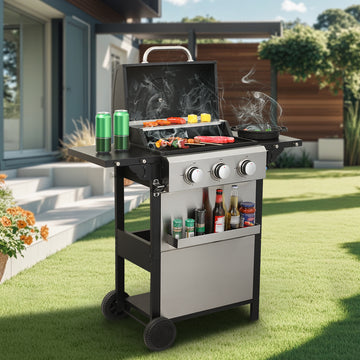 3 Burner Propane Gas Bbq Grill, 25650Btu Output With Wire Enamel Cooking Grids For Outdoor Barbecue, Foldable Side Table, Stainless Steel Black Silver Garden & Outdoor Iron,Stainless Steel