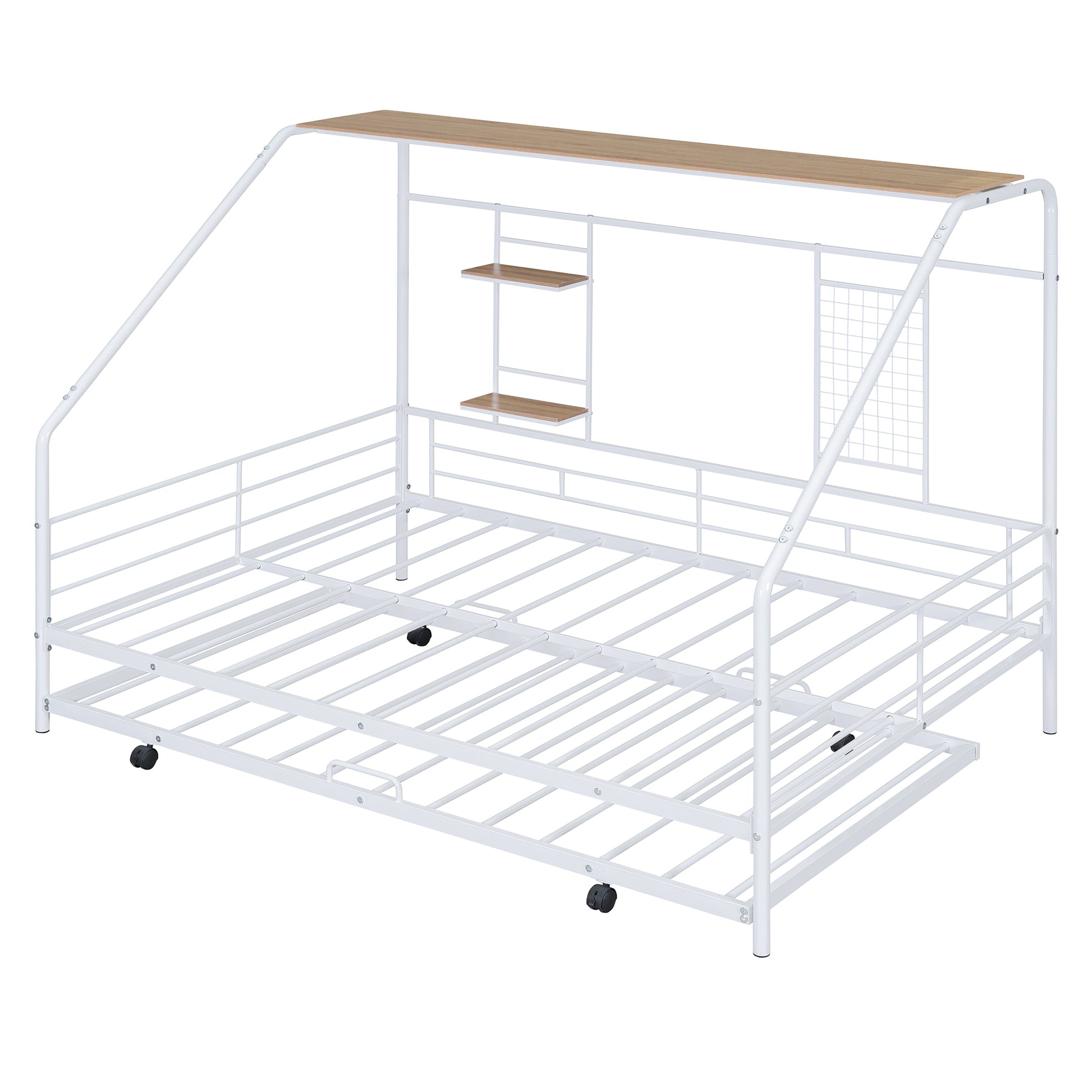 Full Size Metal House Bed With Trundle, White Full White Metal