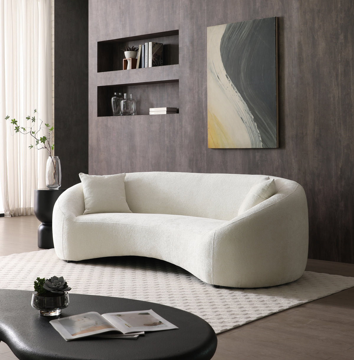 Minimalist Curved Sofa, 3 Seater, Chenille Velvet Fabric Upholstered Sofa, Tight Curved Back Velvet Cloud Couch For Living Room Apartment Office, White White Chenille Wood Primary Living Space Medium Soft Tight Back Modern Eucalyptus Recessed Arms Foam