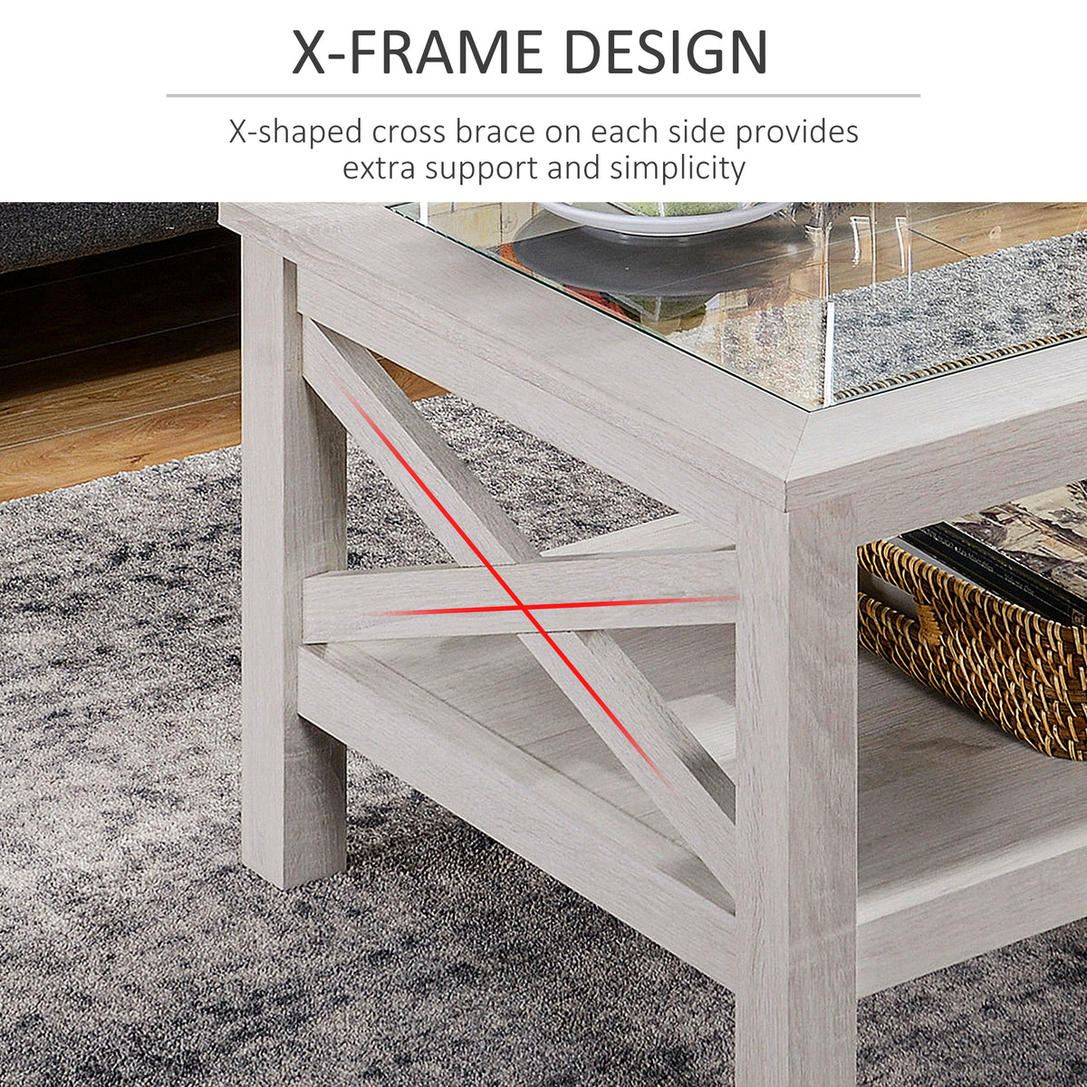 Homcom Farmhouse Style Coffee Table With Wood Frame, Tempered Glass Tabletop And Underneath Storage Shelf, Side Table For Living Room, 39.25"X21.75", White Oak White Oak Mdf