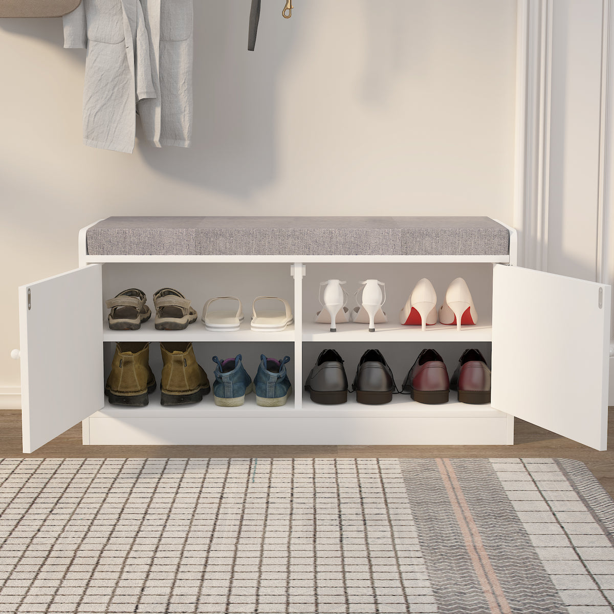Shoe Storage Bench With 2 Door Cabinet, Entryway Bench With Shoe Storage, Shoe Bench With Cushion, Adjustable Shelves, Shoe Rack Bench For Entrance, Hallway, Bedroom, White Gray White Gray White