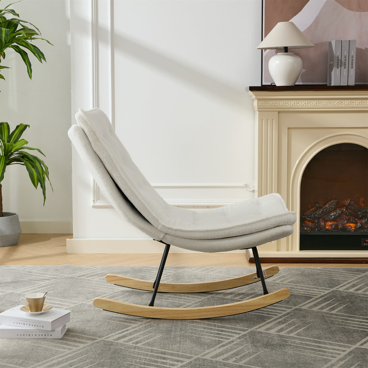 Lazy Rocking Chair,Comfortable Lounge Chair With Wide Backrest And Seat Wood Base, Upholstered Armless Rocker Chair For Living Room, Balcony,Bedroom And Patio Porch. White Cushion Iron White Primary Living Space Sponge Square Casual Rocking Chairs