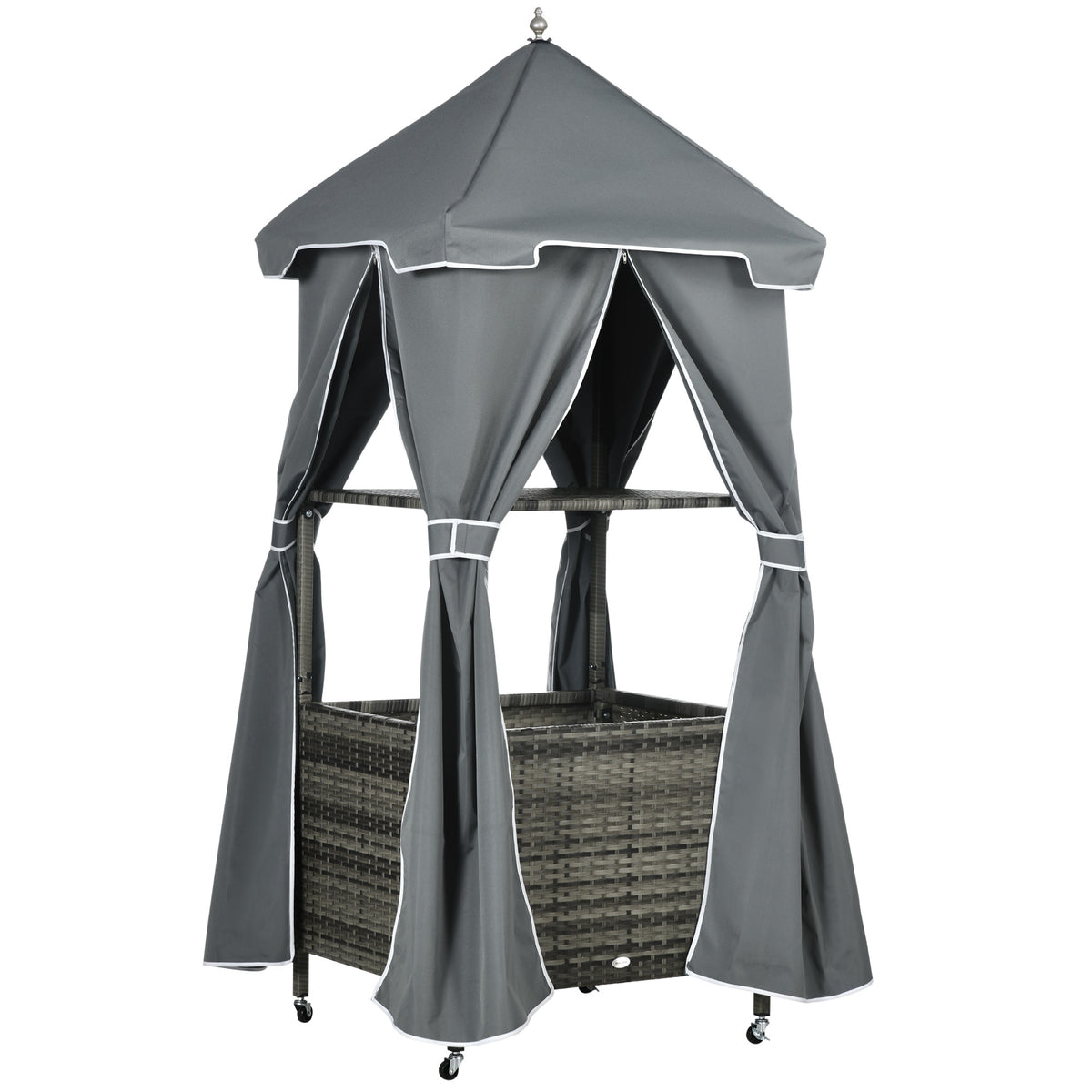 Outsunny Outdoor Towel Valet Caddy, Covered Poolside Towel Holder Rack, Shelf, Basket, Rolling Pe Rattan Wicker Storage On Wheels, Gray Gray Steel