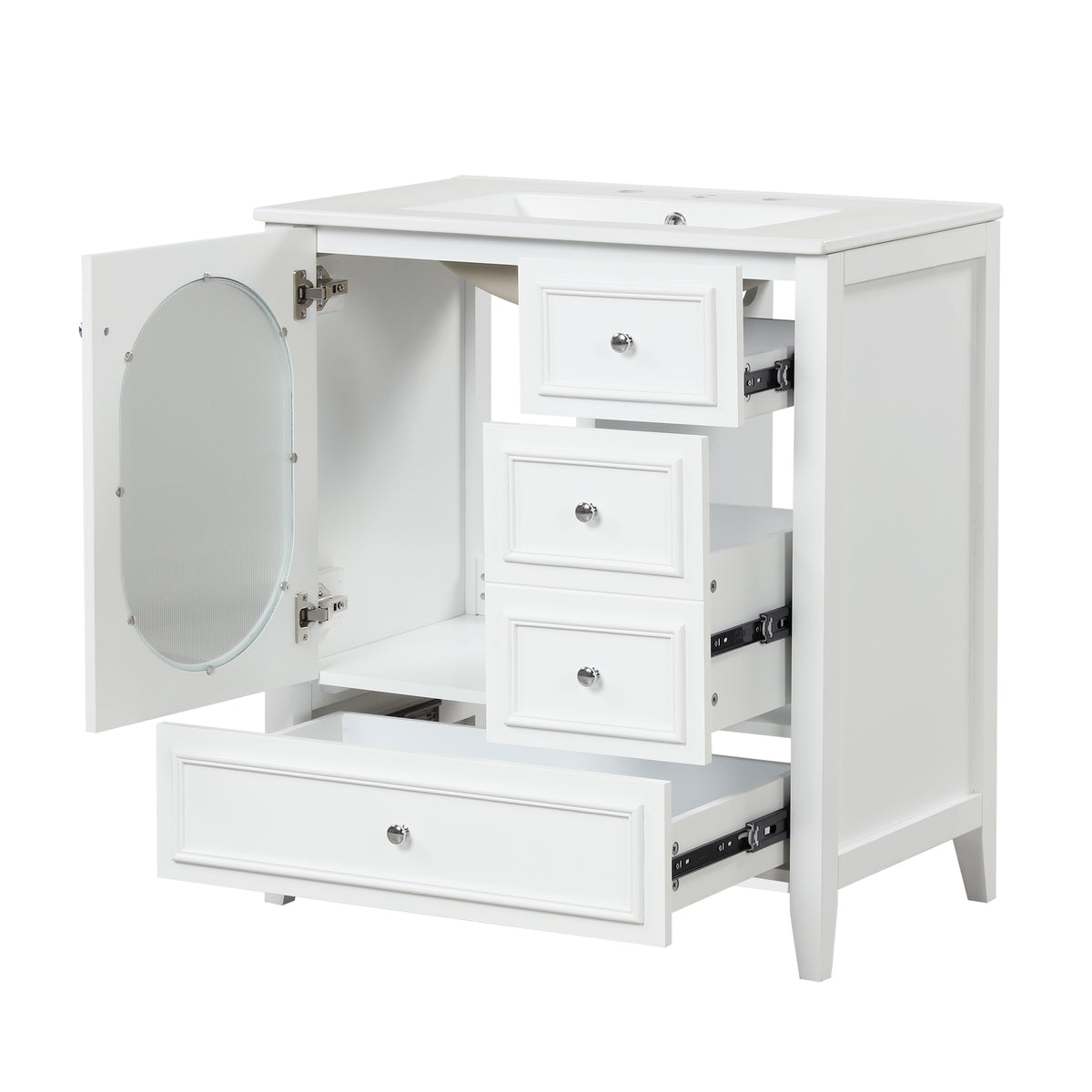 30" Bathroom Vanity With Sink, Bathroom Vanity Cabinet With Three Drawers And Door, Solid Wood And Mdf, White White Solid Wood Mdf
