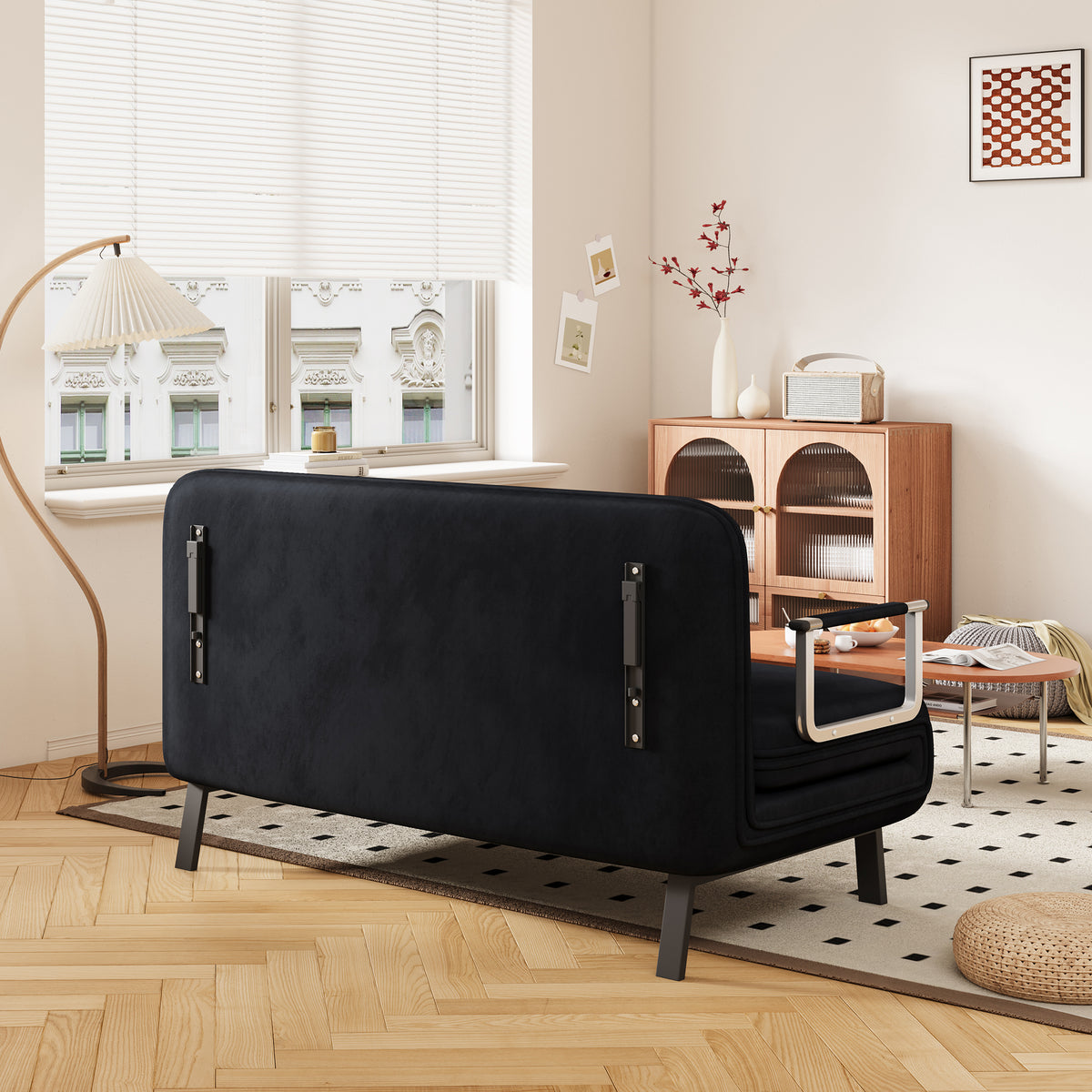 Velvet Black 55 Convertible Chair Bed, Tri Fold Sofa Bed With Adjustable Backrest & Pillow, Leisure Chaise Lounge Couch With Sturdy Steel Frame For Home & Office, Comfortable Sleeper Chair Black Velvet Metal Primary Living Space Medium Firm Contemporary