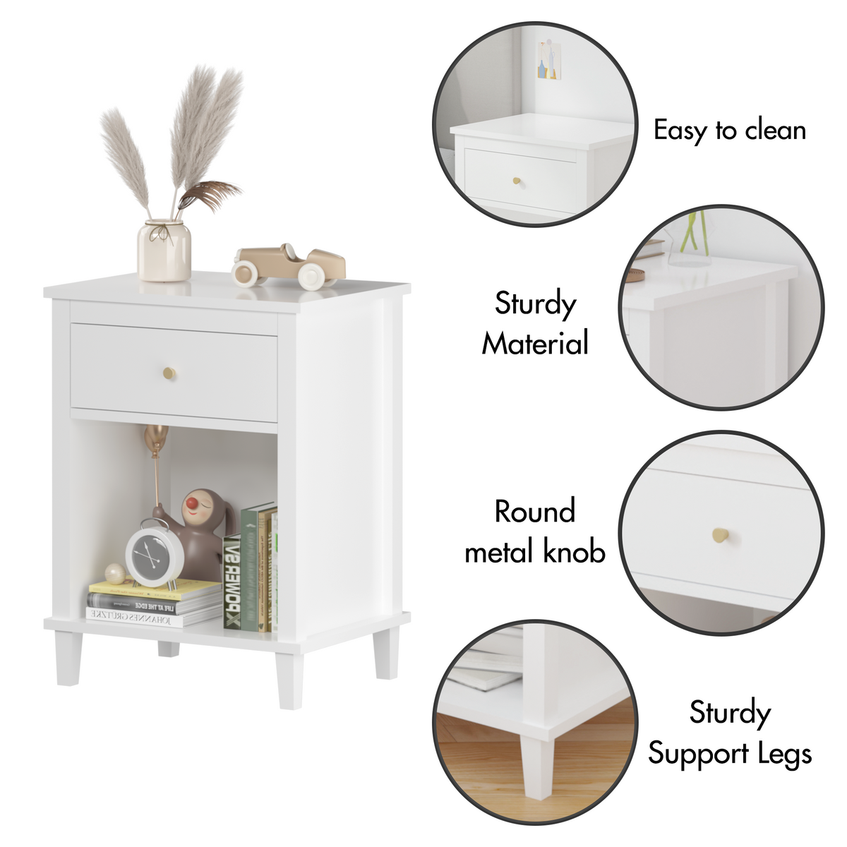 26.77''H Wooden Nightstand With One Drawer One Shelf For Kids, Adults, White White Mdf