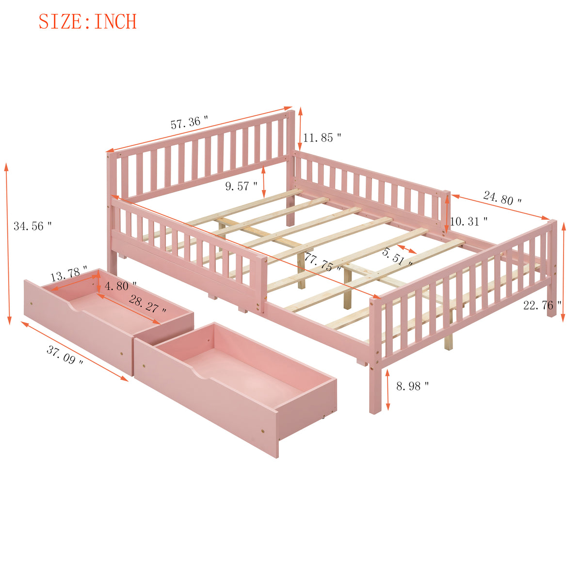 Full Size Wood Platform Bed With Guardrails On Both Sides And Two Storage Drawers ,Pink Full Pink Wood