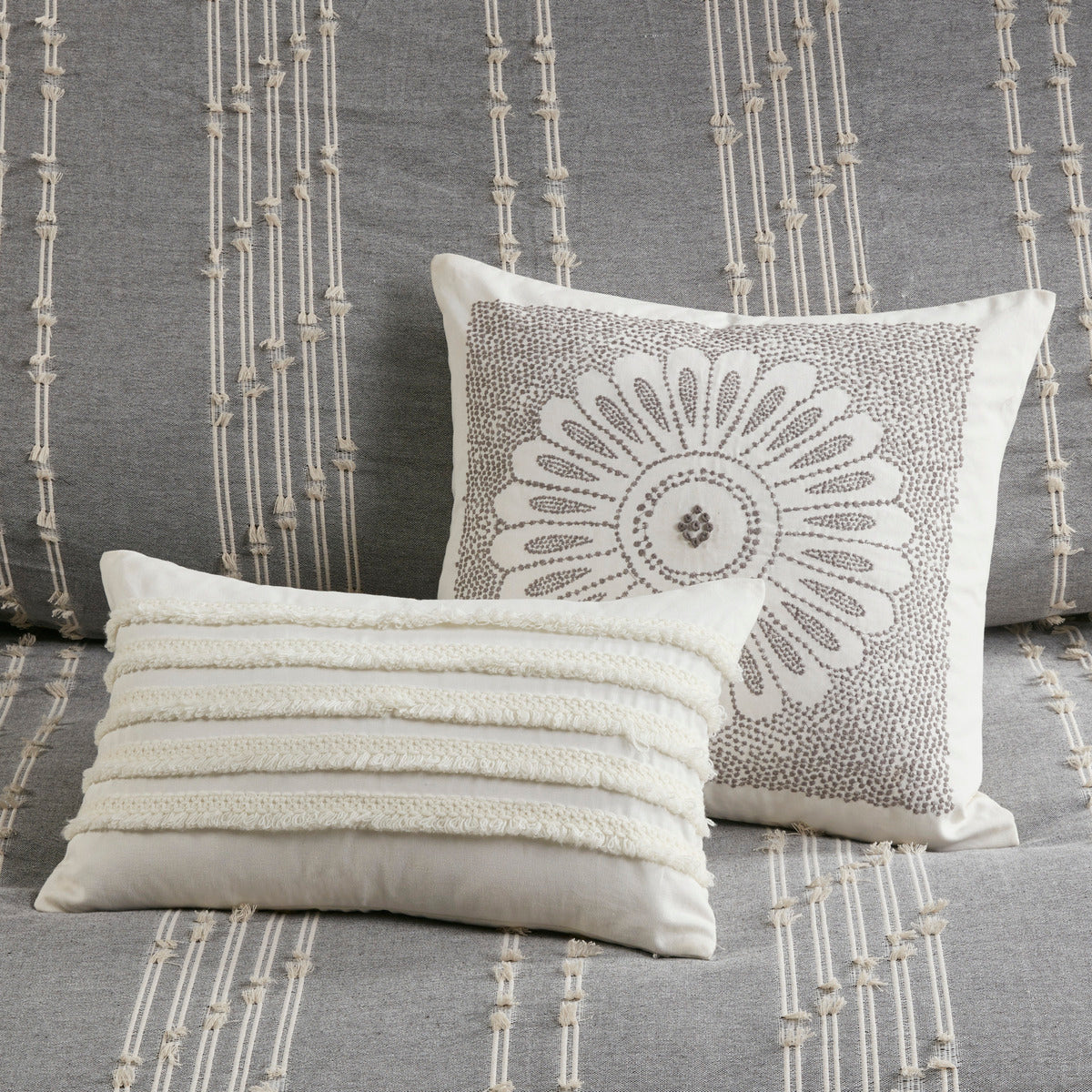 3 Piece Cotton Jacquard Comforter Set Gray Full Queen Queen Gray Cotton