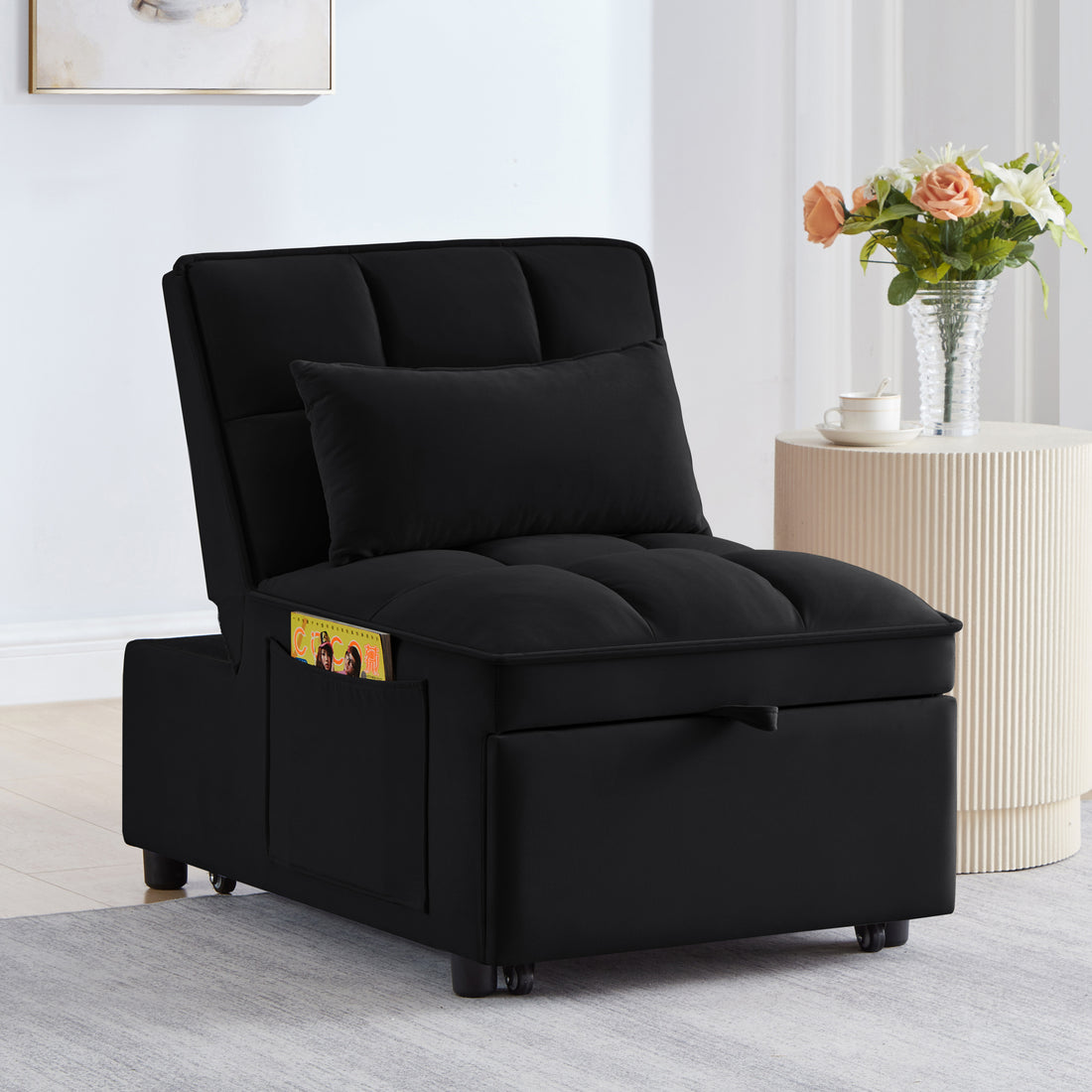 4 In1 Multi Function Single Sofa Bed With Storage Pockets,Tufted Single Pull Out Sofa Bed With Adjustable Backrest And Pillows ,Convertible Chaise Lounge,Black Black Velvet Metal Primary Living Space Medium Soft American Design Armless Foam Velvet 1 Seat