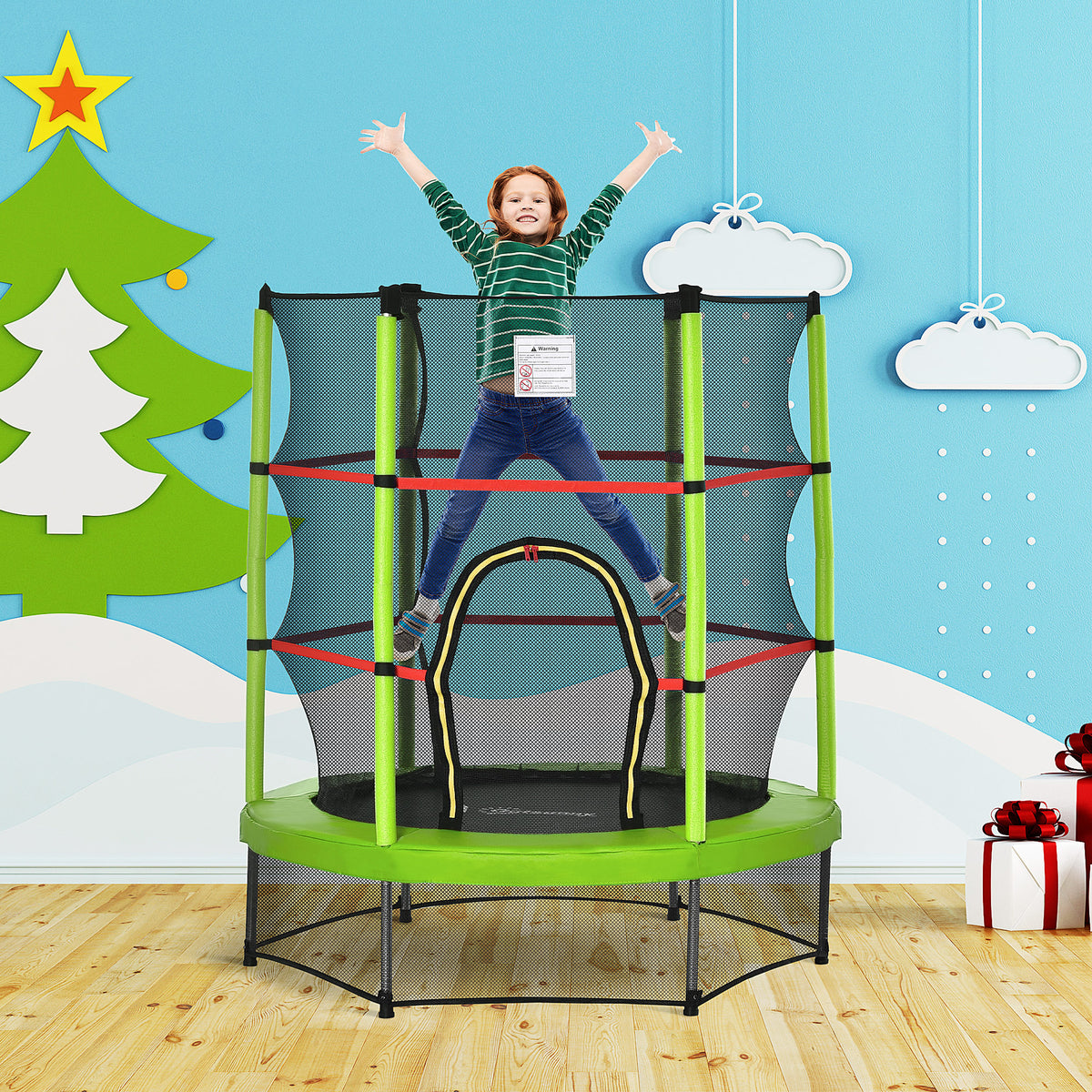 Outsunny 5Ft Kids Trampoline With Enclosure Net, Springless Design, Safety Pad And Steel Frame For Indoor Outdoor, Toddler Round Bouncer For Age 3 To 6 Years Green Green Metal