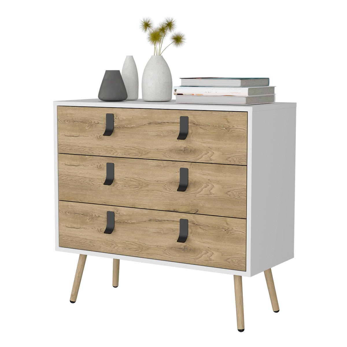 Kimball 3 Drawer Dresser, Modern Chic Storage With Wooden Legs Multicolor Particle Board Engineered Wood