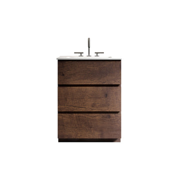Tia 24" Walnut Bathroom Vanity With Sink With 3 Faucet Holes, Large Storage Freestanding Bathroom Vanity For Modern Bathroom, One Piece White Sink Basin Without Drain And Faucet, Pre Assembled White