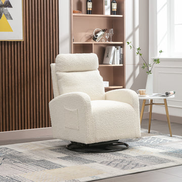 Jiada Upholstered Swivel Glider.Rocking Chair For Nursery In White Teddy.Modern Style One Left Bag White Teddy Primary Living Space Foam Metal