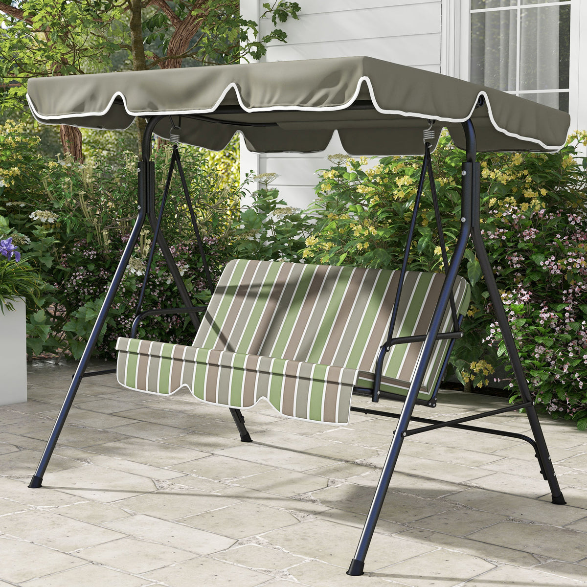 Outsunny 3 Seat Outdoor Patio Swing Chair With Removable Cushion, Steel Frame Stand And Adjustable Tilt Canopy For Patio, Garden, Poolside, Balcony, Backyard, Beige & Green Multicolor Steel