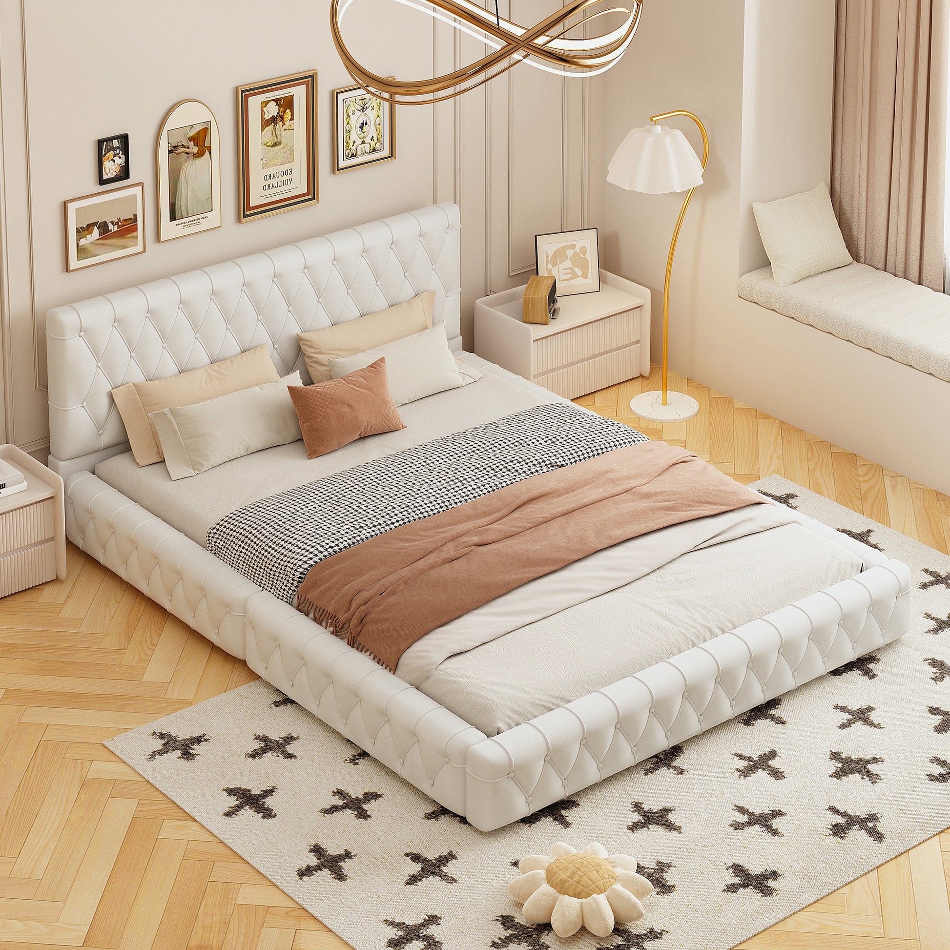 Queen Size Upholstered Bed With Tufted Headboard, Modern Velvet Platform Bedno Box Spring Required, White Queen White Solid Wood Mdf