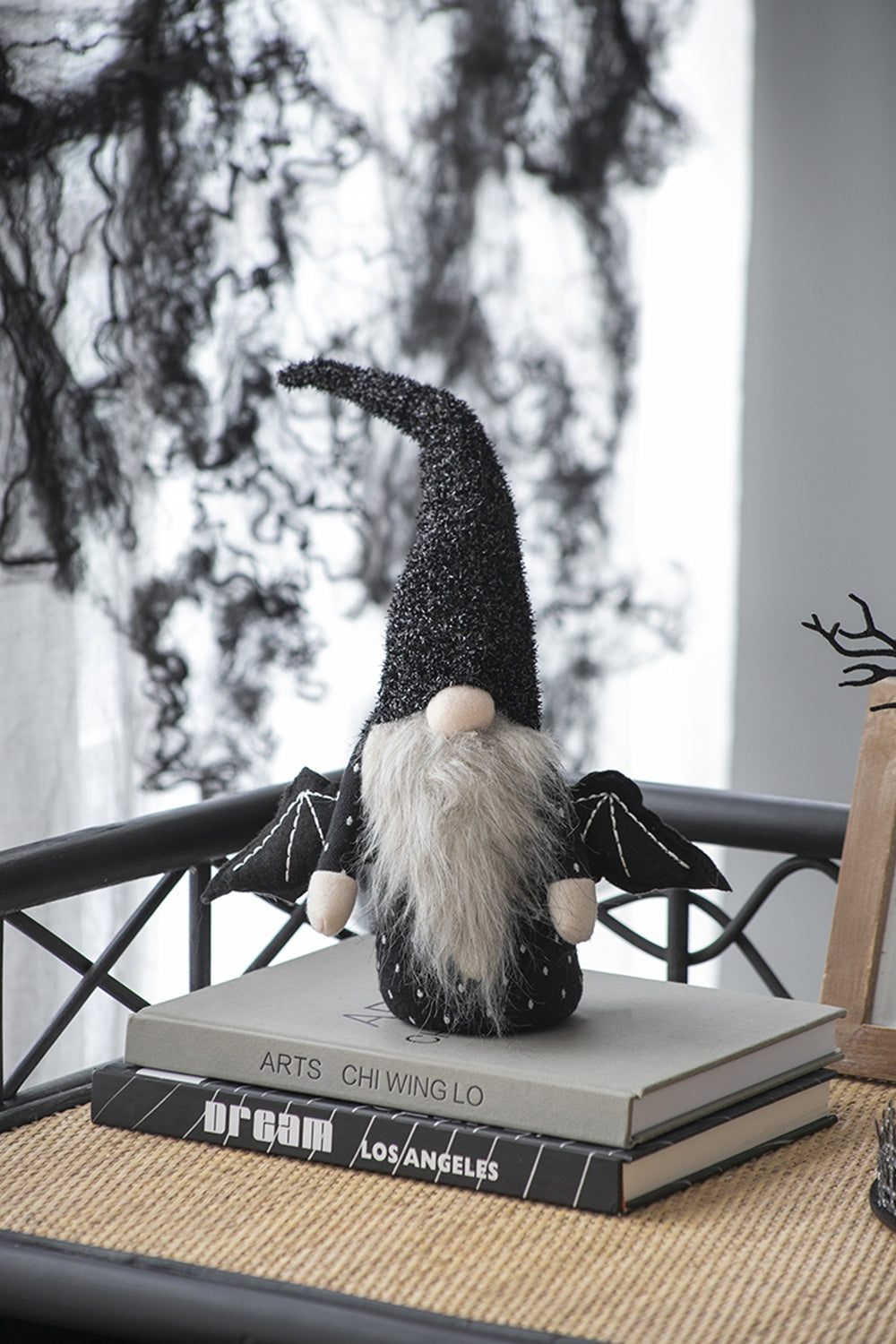 10X3X15.5" Fabric Black Gnome With Wings Decor, For Halloween Decor Black White Polyester
