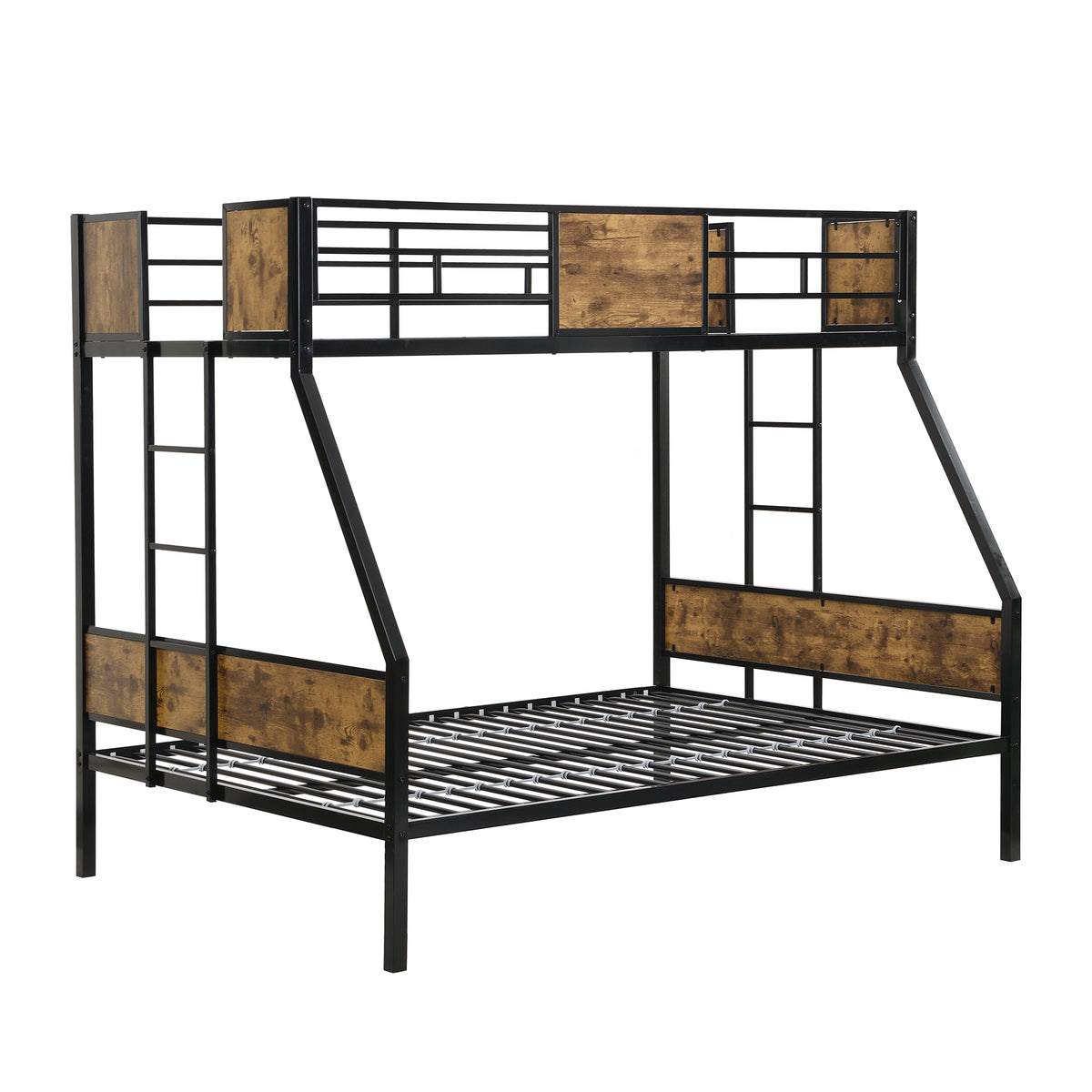 Twin Over Full Metal Bunk Bed With 2 Side Ladder And Full Length Guardrail, No Box Spring Needed, Large Under Bed Storage, Easy Assembleblack & Brown Full Black Brown Mdf Metal
